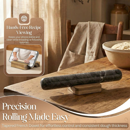 Flexzion French Rolling Pin, 12 Inch White Marble Rolling Pins for Baking with Wooden Base Holder Stand - Non-Stick Baking Roller for Baking Fondant, Crust, Pastry, Cookies, Pizza, Pasta