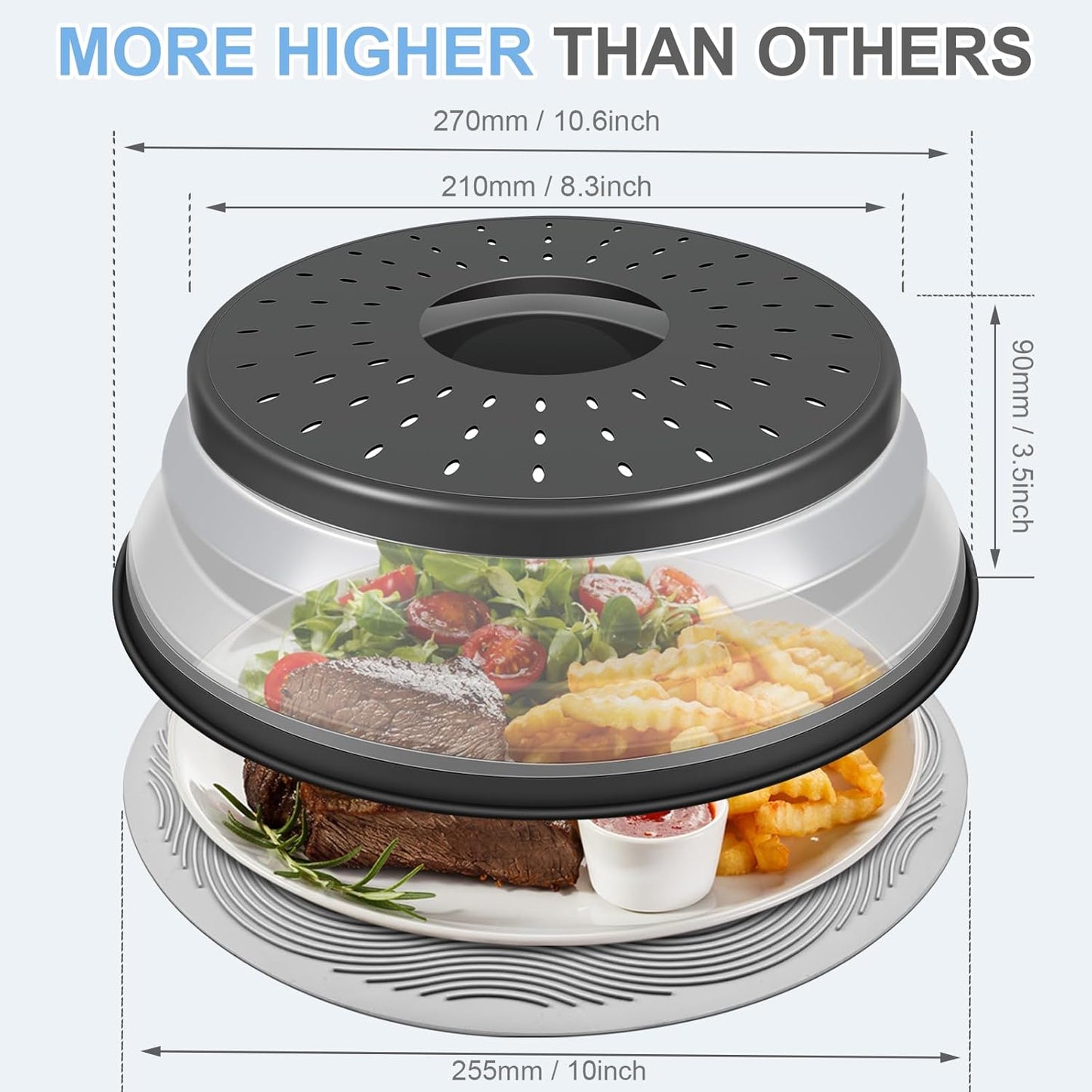 LekDrok Microwave Food Cover with Mat 12 Inch, Mat as Bowl Holder, Cover for Splatter Guard, Collapsible Lid for Plate Dish, Multi-Purpose Silicone Mat & Kitchen Colander Gadget for Meal Prep,Charcoal