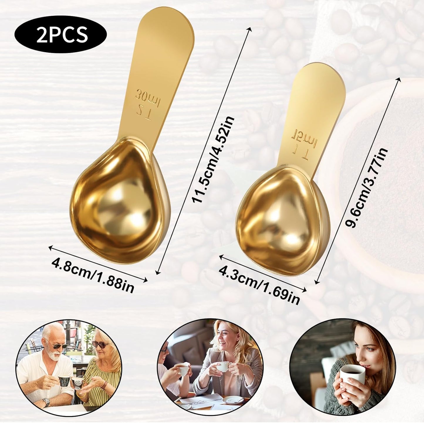 2 PCS Gold Measuring Spoons, 15 Ml and 30 Ml Stainless Steel Coffee Spoons Set Coffee Scoop for Ground Coffees, Long Handle Tablespoon Measuring Spoon for Milk Sugar Protein Brewin Gold Tea Spoon