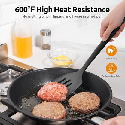 600ºF Heat Resistant Slotted Turner: U-Taste 13.6in Silicone Kitchen Spatula Flipper, 3.74in Wide Food Grade Flexible Thin Rubber Cooking Utensil for Egg, Pancake, Cookie in Nonstick Cookware (Red)