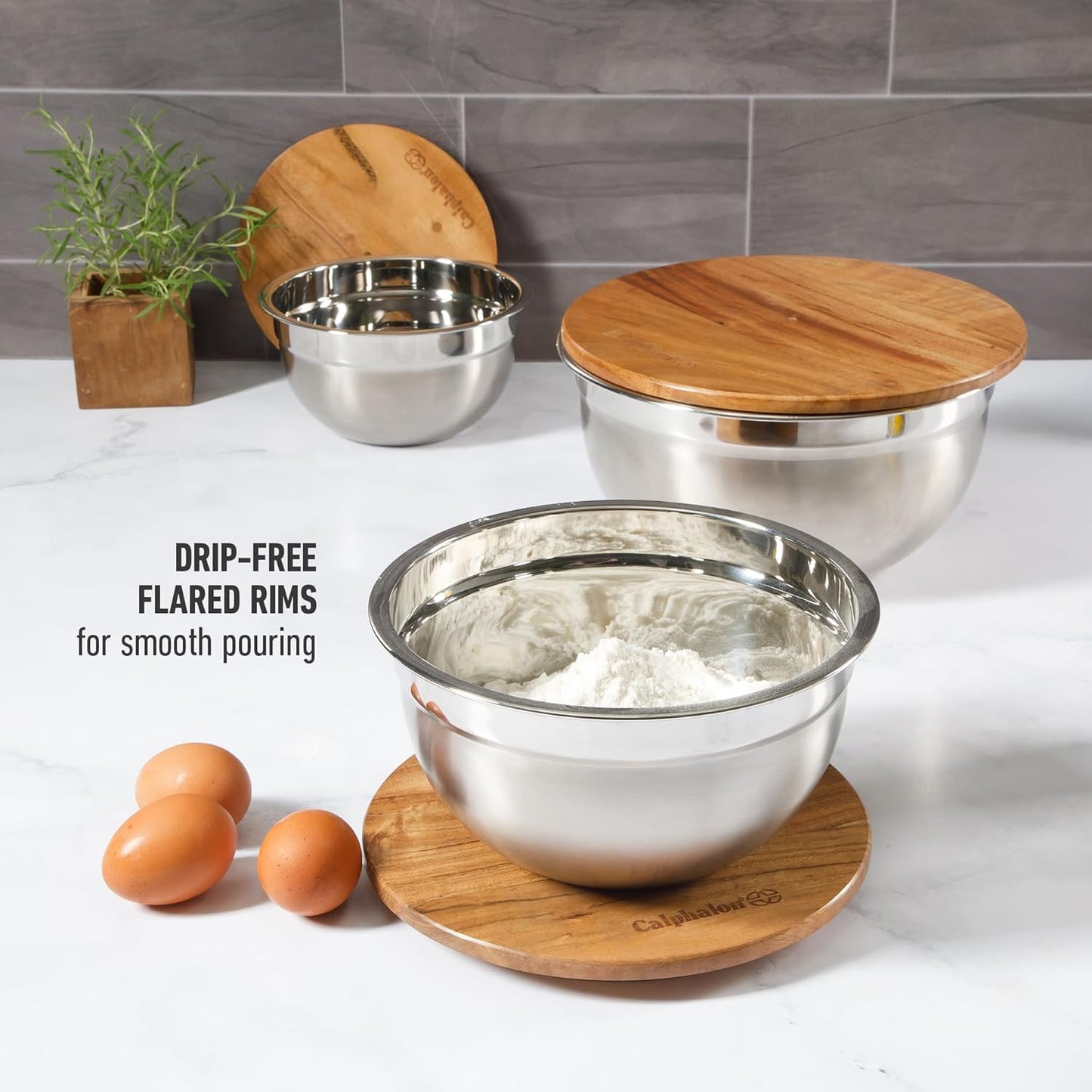 Calphalon Orbit 3 Piece Mixing Bowl Set with Acacia Wood Lids, Nesting Kitchen Mixing Bowls for Baking, Cooking, Meal Prep and Food Storage, Durable Design with Airtight Style Covers