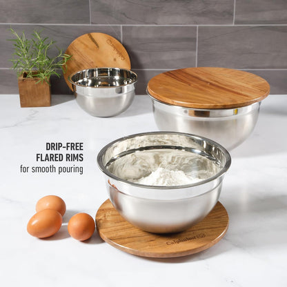 Calphalon Orbit 3 Piece Mixing Bowl Set with Acacia Wood Lids, Nesting Kitchen Mixing Bowls for Baking, Cooking, Meal Prep and Food Storage, Durable Design with Airtight Style Covers