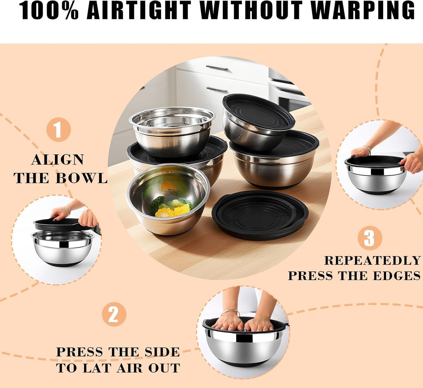 Lazycorner Stainless Steel Mixing Bowls with Airtight Lids Set of 7 Stainless Steel Bowls Set with 3 Grater Attachments Great for Serving & Baking