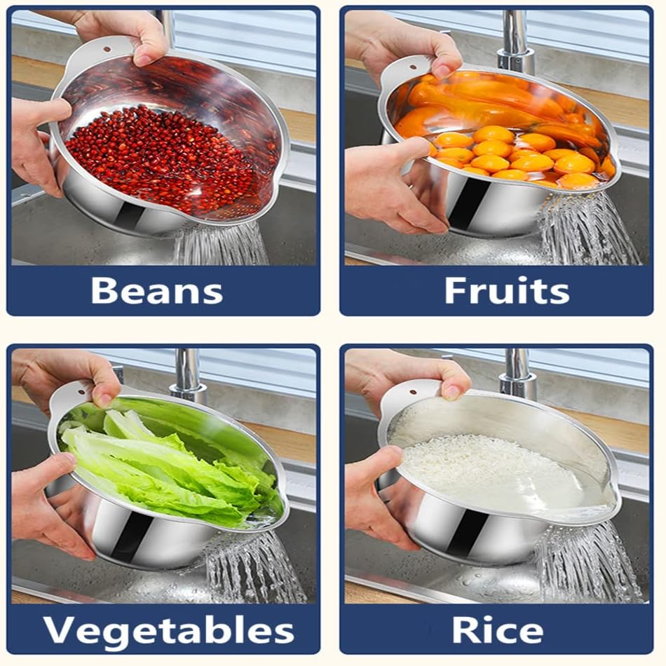 Lavvi Stainless Steel Rice Washing Bowl Versatile 3 in 1 Colander Strainer for Kitchen Vegetables Fruits Silver 9.84 in