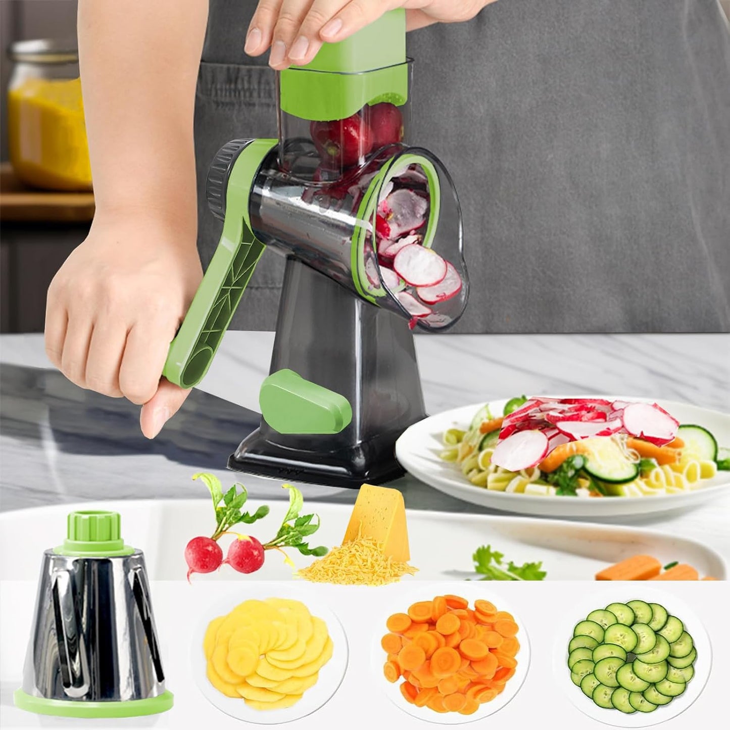 Cheese Grater with Handle,Multifunctional Rotary Cheese Grater,Kitchen Cheese Shredder Can Easily Chop Vegetables,Potatoes,Carrots,Etc.The Suction Cup is Stable and Easy to Clean (light green)