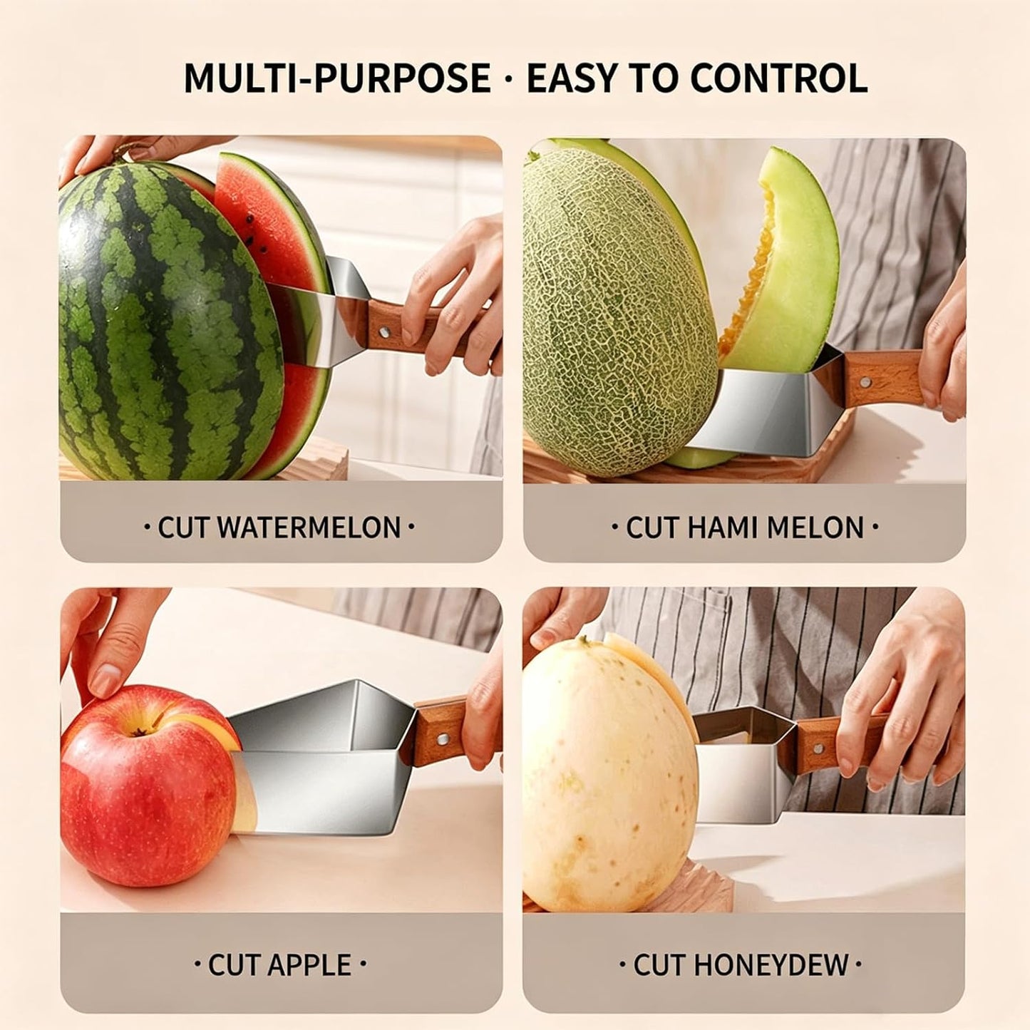 2026 New Fruit Cutter and Watermelon Slicer, Heavy Duty Triangle Watermelon Cutter with Solid Wood Handle, Multi-Fruit Slicer for Cantaloupe, Honeydew, Essential Kitchen Gadget for BBQ (1)