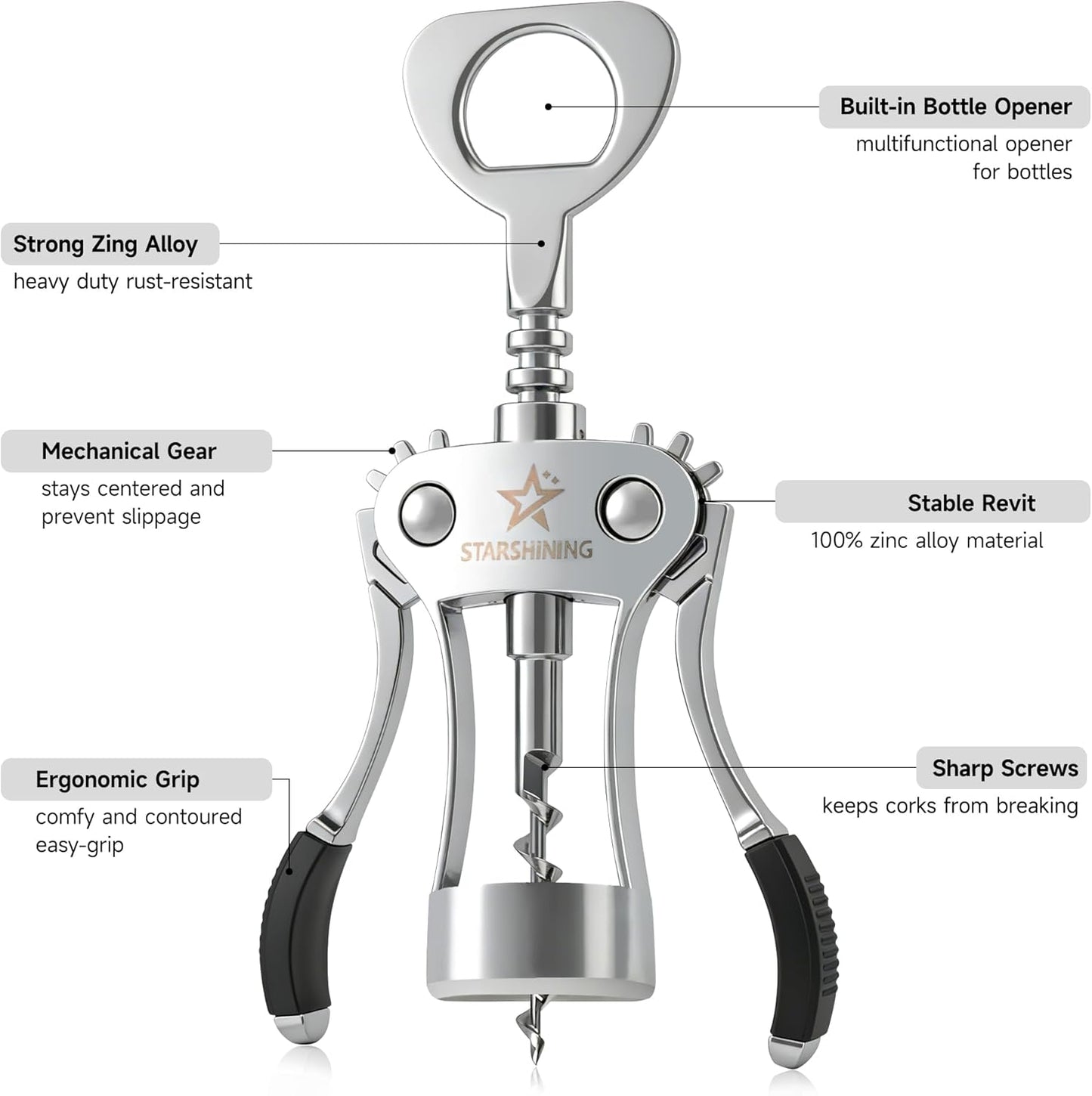 Wine Opener,Heavy-Duty Zinc Alloy Wing Corkscrew Manual Wine Bottle Opener with Sharp Spiral Screw for Sommeliers Wine Lovers,Polished Silver