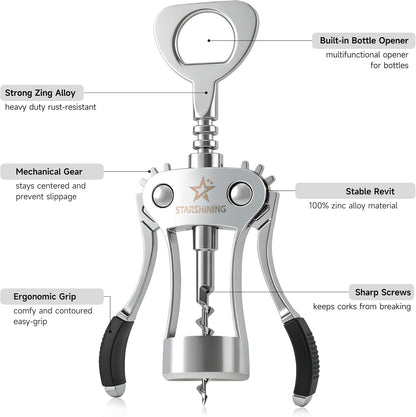 Wine Opener,Heavy-Duty Zinc Alloy Wing Corkscrew Manual Wine Bottle Opener with Sharp Spiral Screw for Sommeliers Wine Lovers,Polished Silver