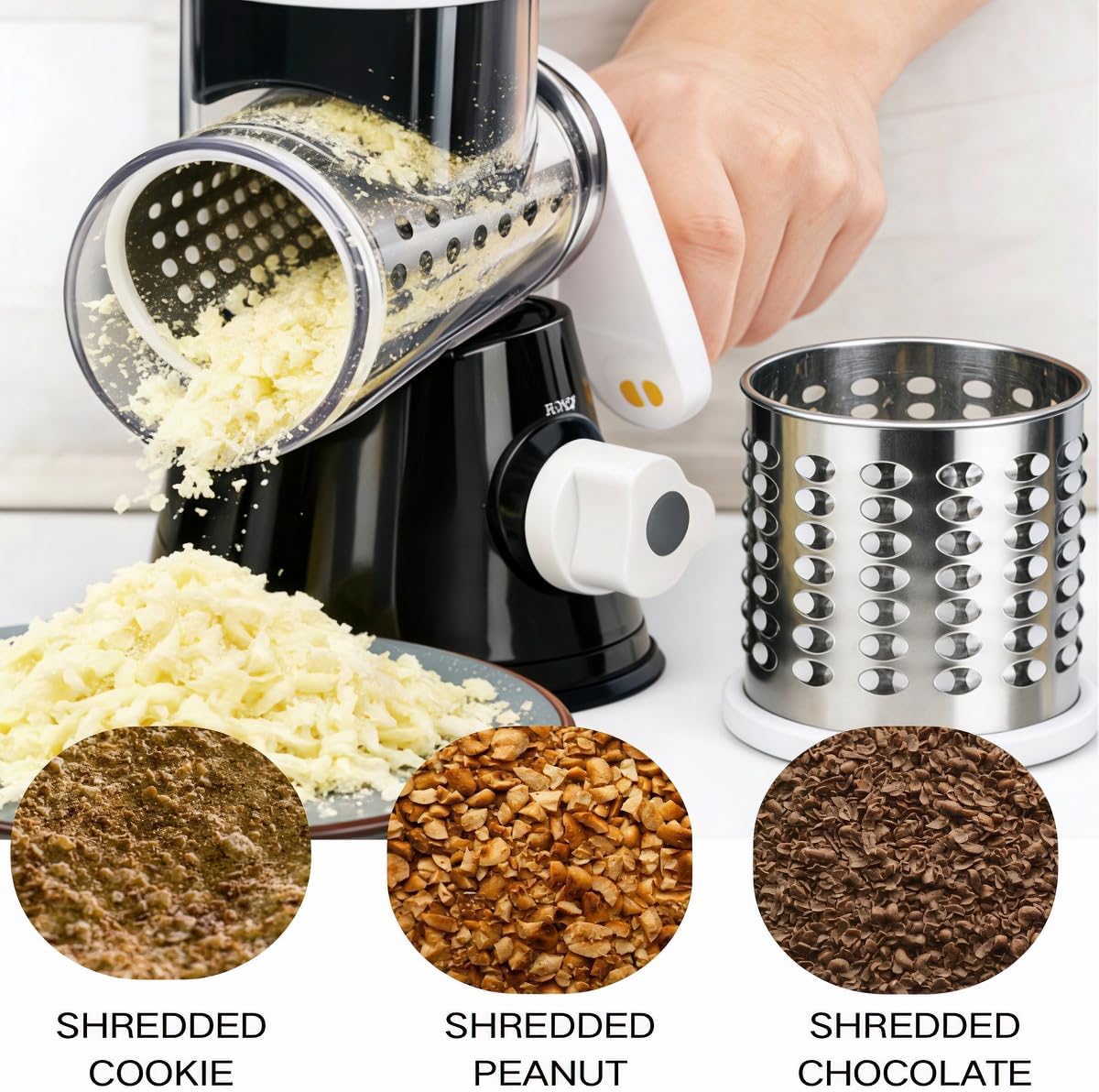 3-in-1 Rotary Cheese Grater, Hand Crank Shredder with 3 Interchangeable Blades for Cheese, Veggies, Nuts, Black