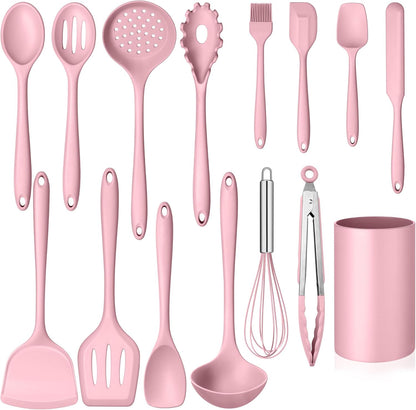Silicone Cooking Utensil Set, Homikit 15pcs Kitchen Utensils with Holder for Nonstick Cookware, Heat Resistant Nontoxic Silicone Spatula Set Dishwasher Safe Kitchen Tools for Baking-Black