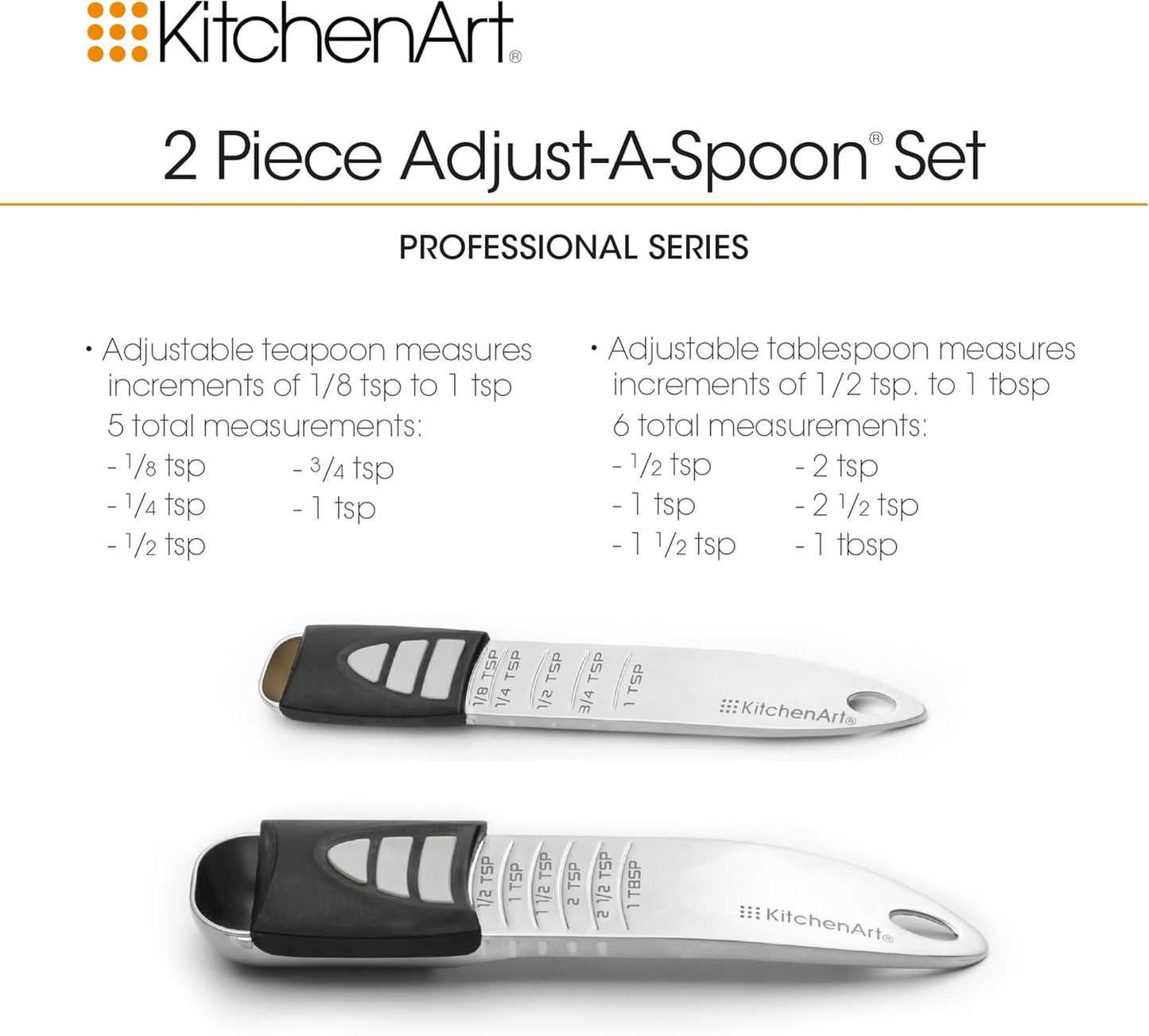 KitchenArt Pro Adjustable Measuring Set, Includes Adjustable Tablespoon, Teaspoon, and 2 Cup Measuring Cup