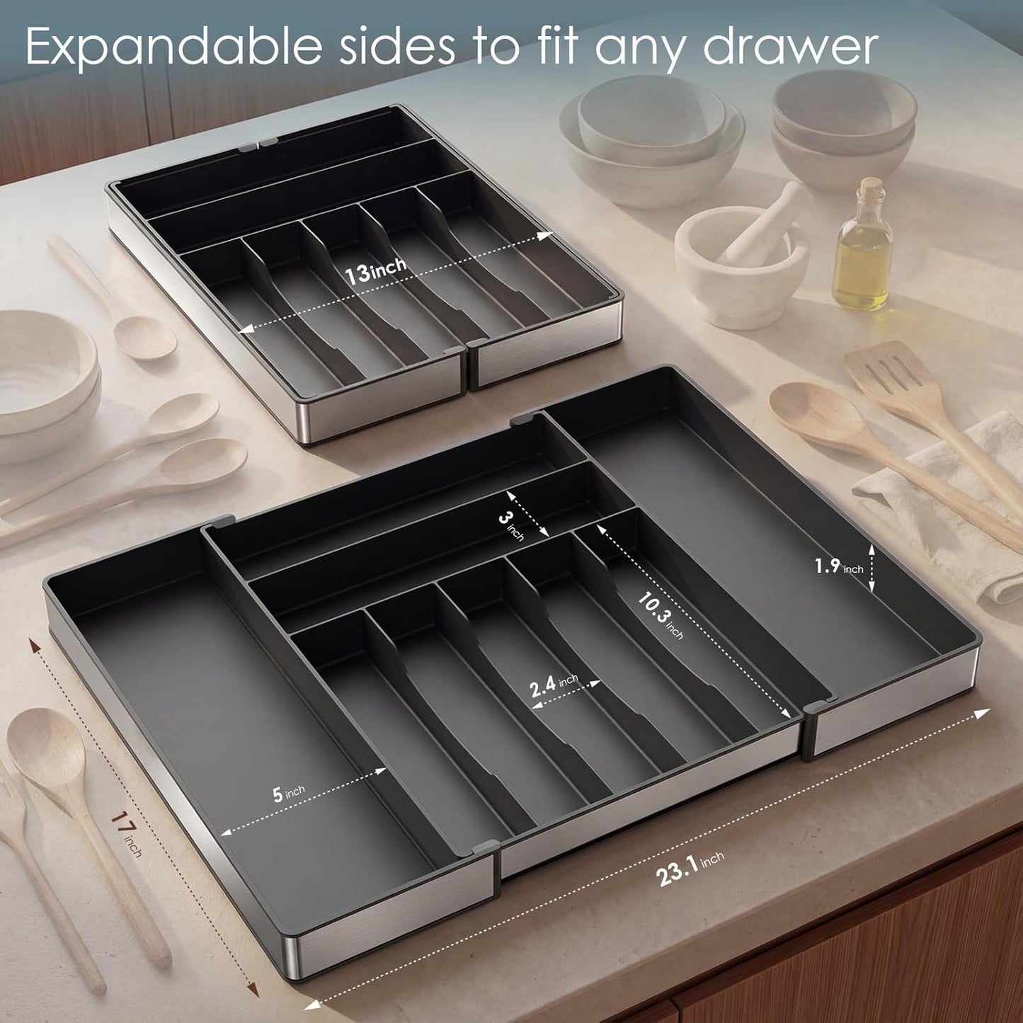 Extra Large Silverware Organizer, 9 Slot Expandable Kitchen Drawer Organizer, Utensil Holder, Heavy Duty Stainless Steel Frame Silverware Drawer Organizer, 8 Non-Slip Feet Included, BPA Free, Black