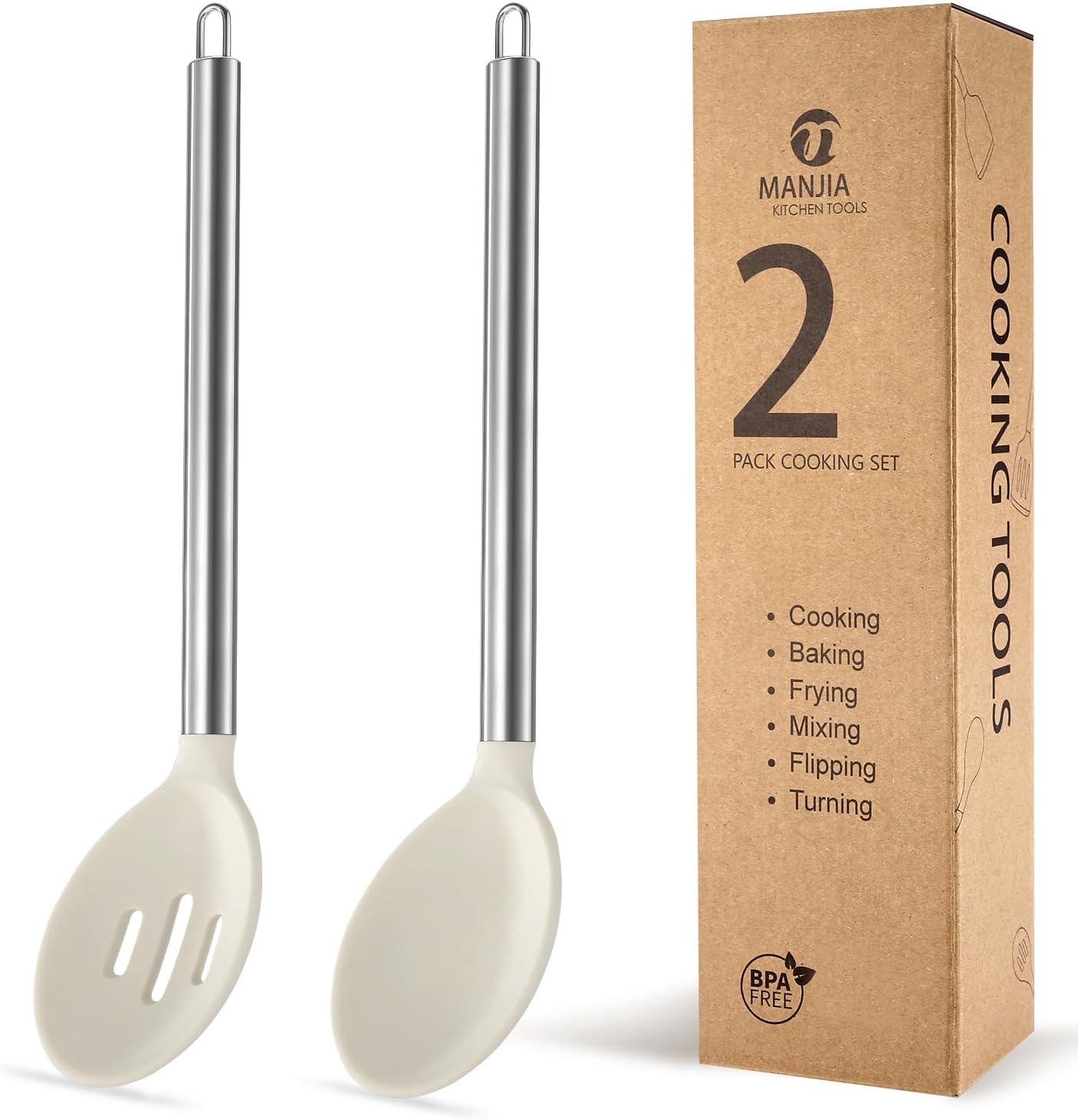 MANJIA Silicone Spatulas Set, Nonstick Silicone Spoon & Turner Spatula Set, Serving Spoon kitchen Spatula for Cooking Fish, Eggs,Flipper, Cooking Utensils Set 2pcs (white-spoons)