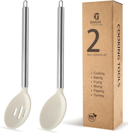 MANJIA Silicone Spatulas Set, Nonstick Silicone Spoon & Turner Spatula Set, Serving Spoon kitchen Spatula for Cooking Fish, Eggs,Flipper, Cooking Utensils Set 2pcs (white-spoons)