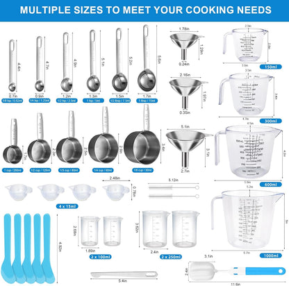 Measuring Cups and Spoons Set 22 Piece, 11 Stainless Steel Nesting Measuring Spoons and Cups with 4 Plastic Measuring Cup, 3 Funnel, 3 Brush, 1 Ruler, Measuring Cup Set for Kitchen Baking Liquid Dry