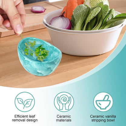 Pottery Herb Stripper Ceramic Bowl, Multiple Hole Sizes for Easy Leaf and Stem Separation, Durable and Dishwasher Safe Herb Stripping Tool for Kitchen Cooking (Green)