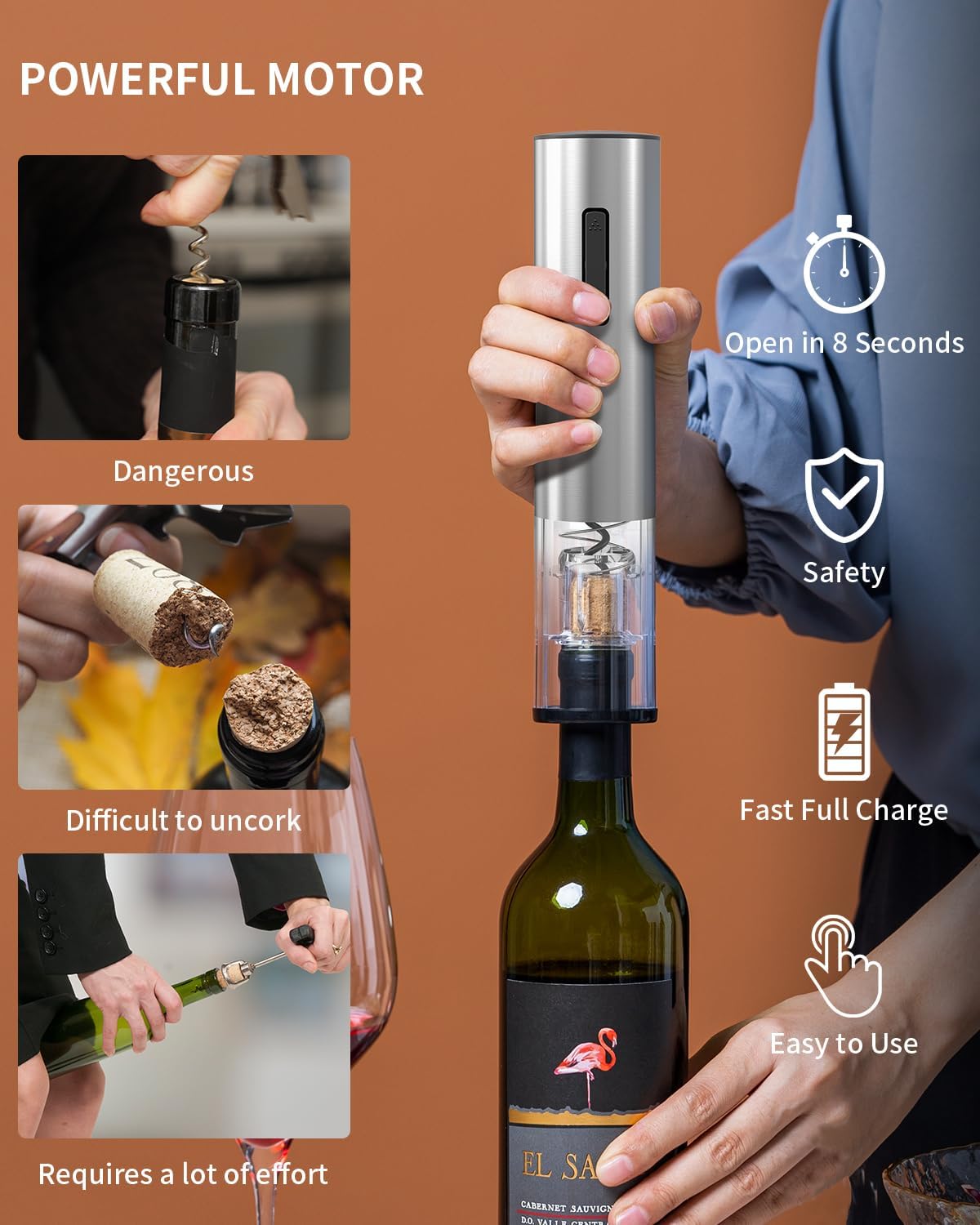 CIRCLE JOY Electric Wine Opener Stainless Steel Rechargeable Automatic Wine Bottle Opener Set 7-in-1 Wine Gifts for Wine Lovers with Charging Base, Foil Cutter, Wine Aerator Pourer & 2 Vacuum Stoppers