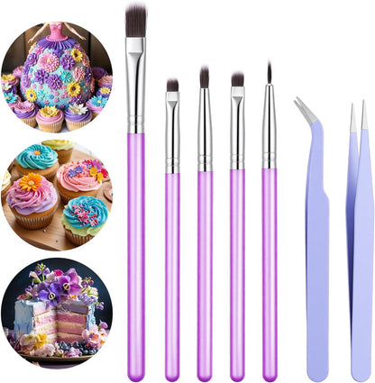 Sibba 7 PCS Food Paint Brushes with Elbow & Straight Tip Tweezer Set, Chocolate Candy Cookie Decorating Brushes Fondant Tools, DIY Cake Painting Pastry Baking Decoration Brush Kitchen Bakery Utensil