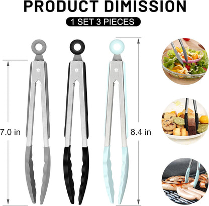 Hotec Silicone Kitchen Tongs for Cooking 9-Inch Serving Tongs with Silicone Tips, Set of 3 (Gradient Blue)