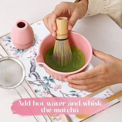 Matcha Whisk Set, 8 Pcs Matcha Kit Set With Pink Cherry Blossom Embossed Pattern Includes 18 OZ Bowl, Bamboo Whisk, Ceramic Holder, Bamboo Scoop x2, Scoop Rest, Stainless Sifter and Tea Towel