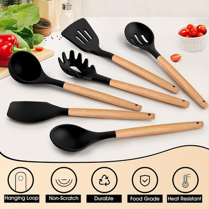 E-far Cooking Utensils Set of 6, Silicone Kitchen Utensils with Wooden Handle, Non-stick Cookware Friendly & Heat Resistant, Includes Spatula/Ladle/Slotted Turner/Serving Spoon/Spaghetti Server(Khaki)