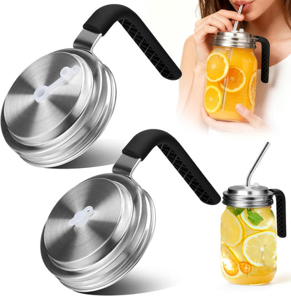 Mason Jar Pour Spout Lid Stainless Steel with Handle, Wide Mouth Pour Spout Flip Cap Lids for Mason Jars, Anticracking Leak Proof Seal Cover Airtight for Drinking Salad Dressing & Food Storing(2PCS)