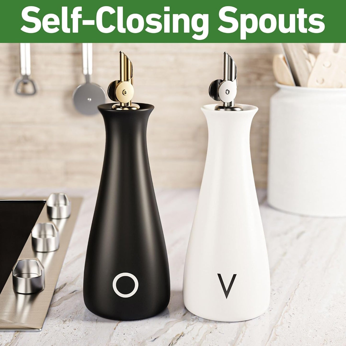 HB Design Co. Ceramic Olive Oil Dispenser with Self-Closing Gold Spout - 530 ML Capacity Matte White Ceramic Oil Dispenser for Kitchen - Leak Proof EVOO Dispensing Bottle