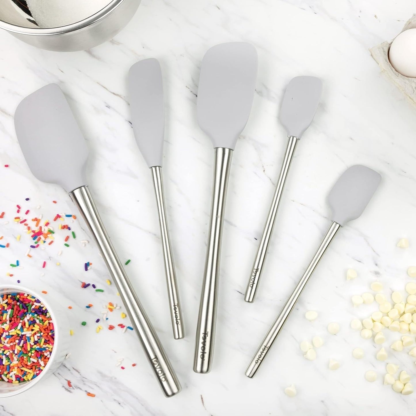 Tovolo Stainless Steel Handled Silicone Spatula Set of 5 White, Dishwasher Safe Kitchen Spatula Set for Cooking Baking, Non Toxic BPA Free Silicone Spatula set with Metal Steel Handle