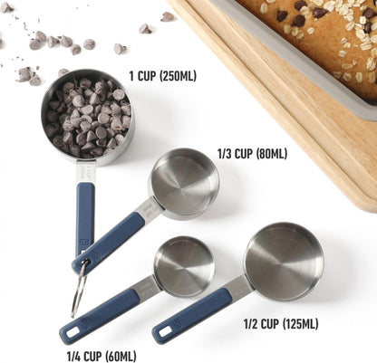Calphalon Prime Measuring Spoons, Plastic Measuring Spoon Set, 5-Piece Stainless Steel Measuring Spoons Navy Silicone Handle Accurate, Durable for Spices and Small Portions