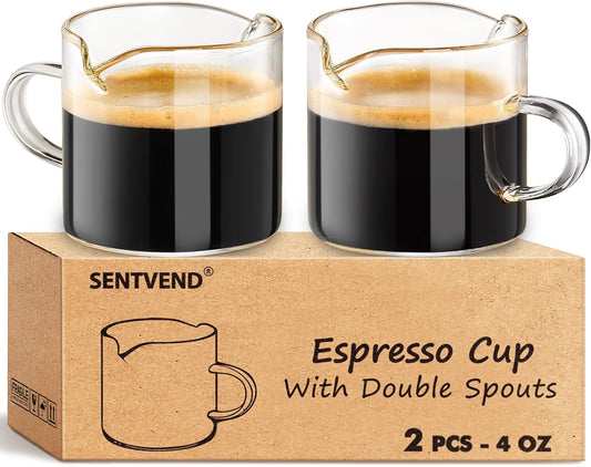 SENTVEND Espresso Cups Set of 2, 4 Oz Espresso Shot Glass with Handle Double Spout Measuring Cups with Scale Clear Glass Milk Cup Coffee Accessories Great for Making Coffee Desserts Salad Dressing