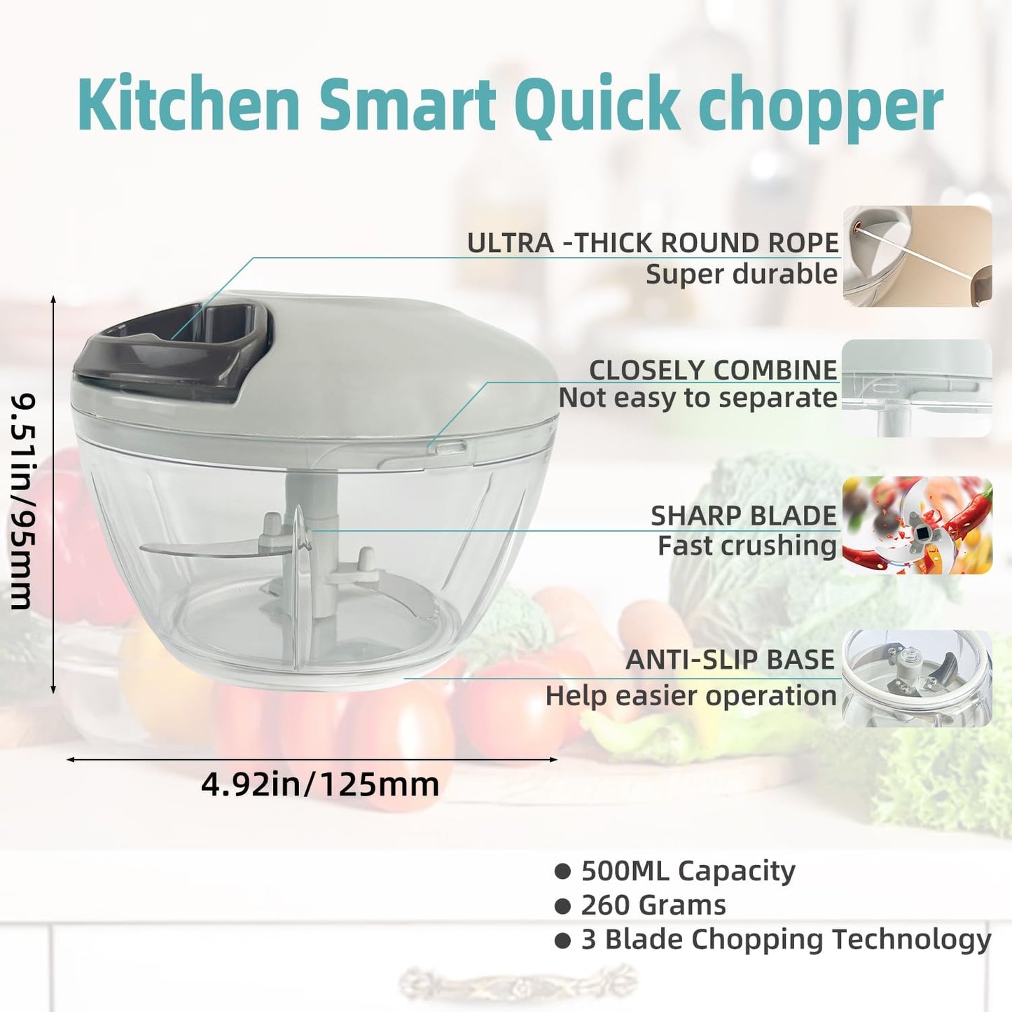 Manual Food Processor Vegetable Chopper, Hand Pull String Garlic Mincer Cutter for Veggies, Fruits, Nuts, Meat, Salad,500ml Gray
