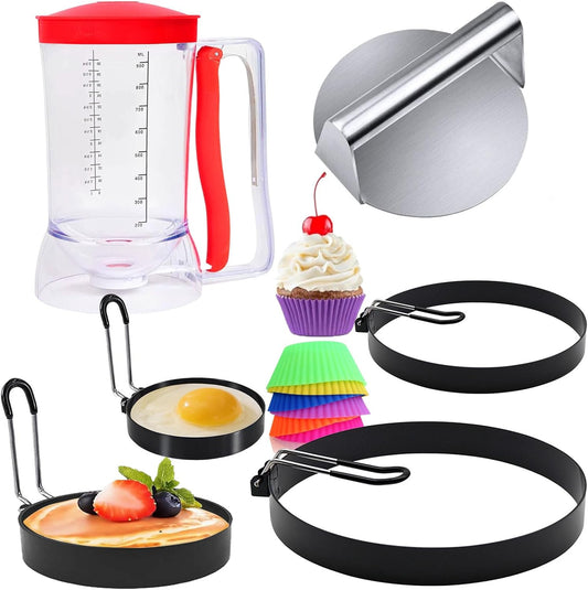 10-Piece Griddle Breakfast Kit,Stainless Steel Smash Burger Press,Batter Dispenser, 8" Large Omelette Ring,6" Pancake Ring,4" Round Egg Ring,3"Egg Ring and Silicone Cake Cup