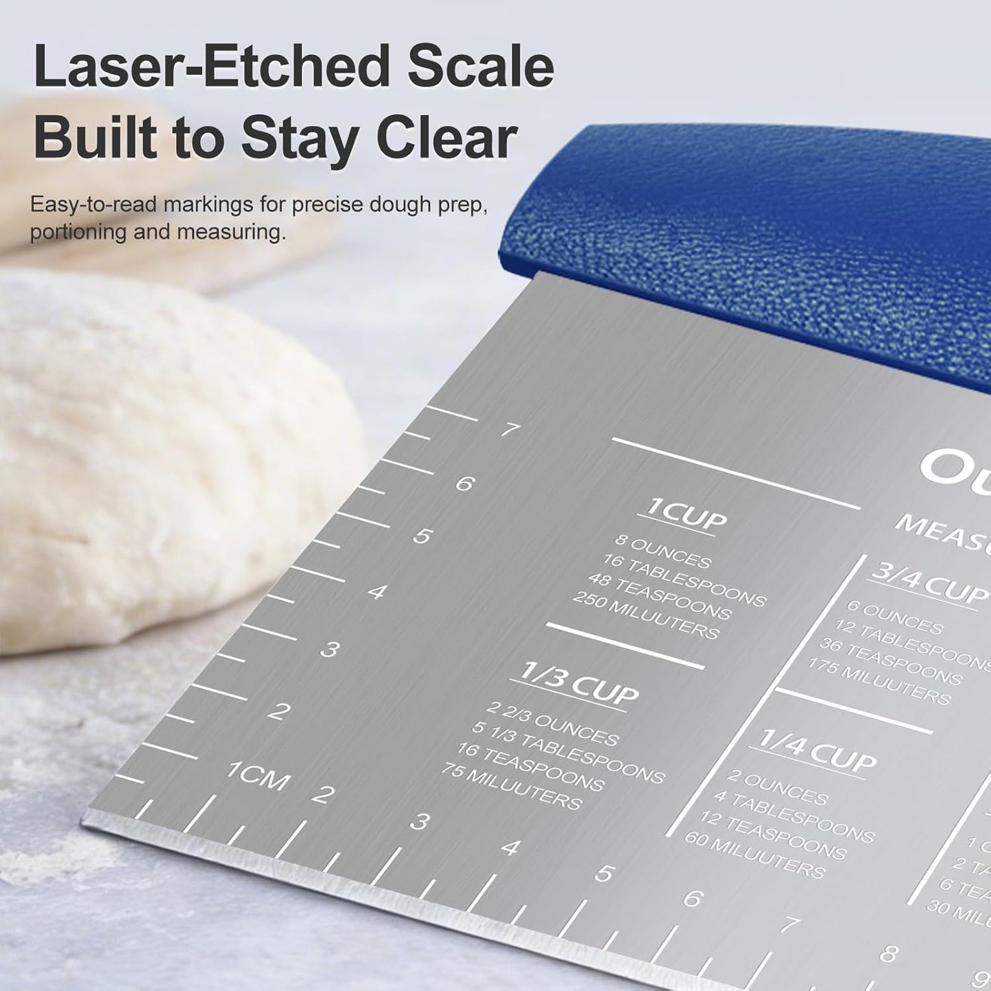 Ourokhome 2 Pack Bench Scraper Dough Cutter, Stainless Steel Dough Scraper with Laser-Etched Scale, Conversion Chart, Non-Slip Handle, Dishwasher Safe for Bread & Pastry, Black
