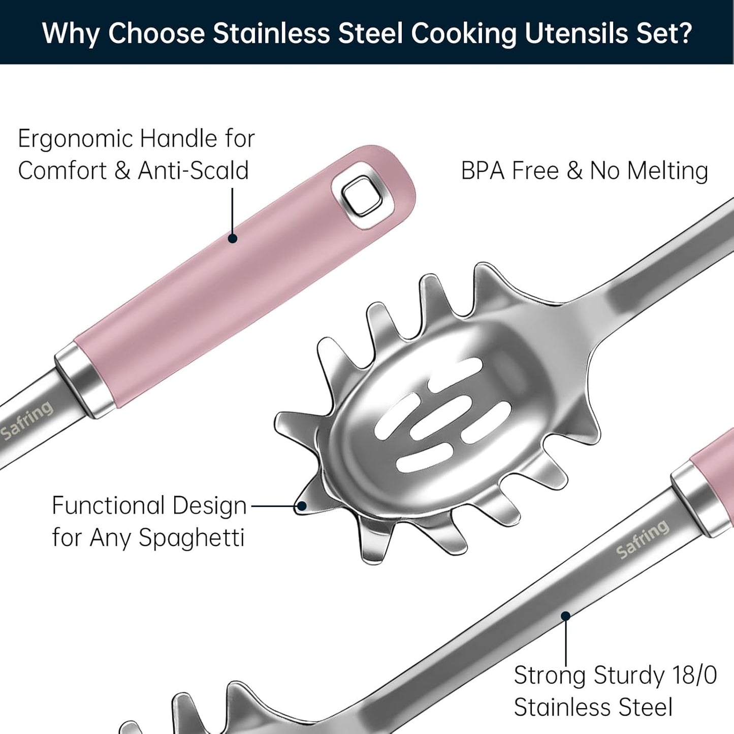 Safring Stainless Steel Soup Ladle and Spaghetti Spoon Set, Heat Resistant Rubber Handle, Dishwasher Safe, Kitchen Utensils for Cooking, Stirring, Serving Pasta, Soup & Sauce