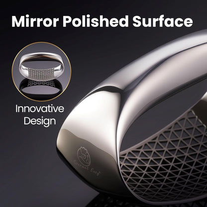 Full Stainless Steel Garlic Press Rocker with Eject Base + Scraper Spoon, Innovative 3D Cutting, Easy Crush & Clean Garlic Mincer, Premium Garlic Peeler Tool with Ergonomic Grip, 5-Year Warranty