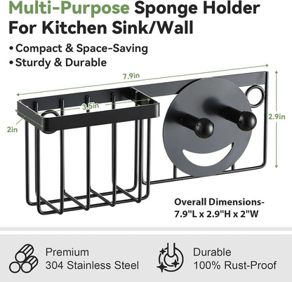 [Space Saving] Sponge Holder for Kitchen Sink, Great for Scrub Daddy / Scrub Mommy Sponges, Rust-proof Sink Sponge Caddy Organizer for Dish Brush, Scrubber - 2 Mounting Options (Suction Cups & Hooks)