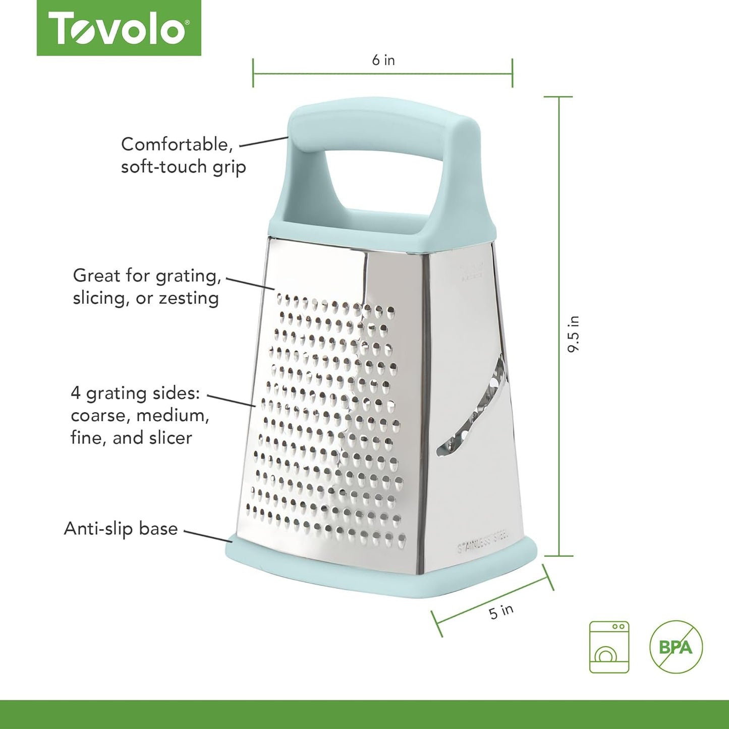 Tovolo Box Grater 4 Sided Large Stainless Steel Cheese Grater for Shredding Vegetables and Zesting, Easy to Clean Dishwasher Safe Box Grater with Ergonomic Handle and Non Slip Base, Charcoal Gray