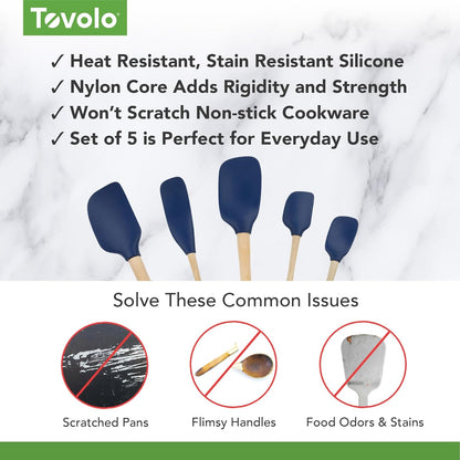 Tovolo Silicone Spatula with Wooden Handle Set of 5 Piece Silicone Kitchen Utensil Set Spoonula Jar Scraper Mini Spatula and Spoonula for Cooking Baking Mixing Folding Deep Indigo