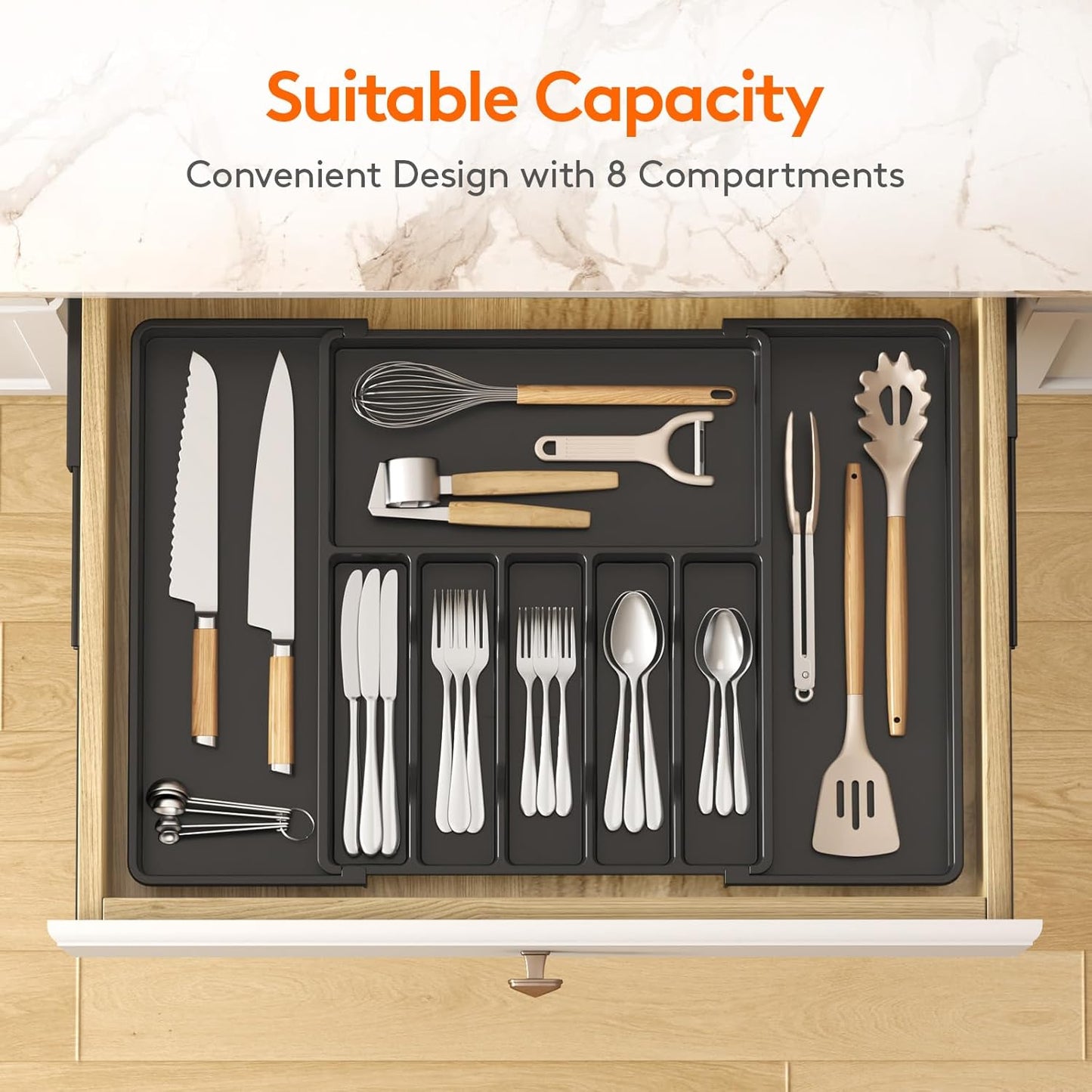 Lifewit Silverware Drawer Organizer, Expandable Utensil Tray for Kitchen, BPA Free Flatware and Cutlery Holder, Adjustable Plastic Storage for Spoons Forks Knives, 11-18 x 14", Black