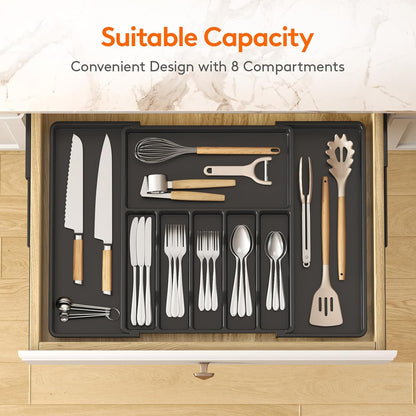 Lifewit Silverware Drawer Organizer, Expandable Utensil Tray for Kitchen, BPA Free Flatware and Cutlery Holder, Adjustable Plastic Storage for Spoons Forks Knives, 11-18 x 14", Black