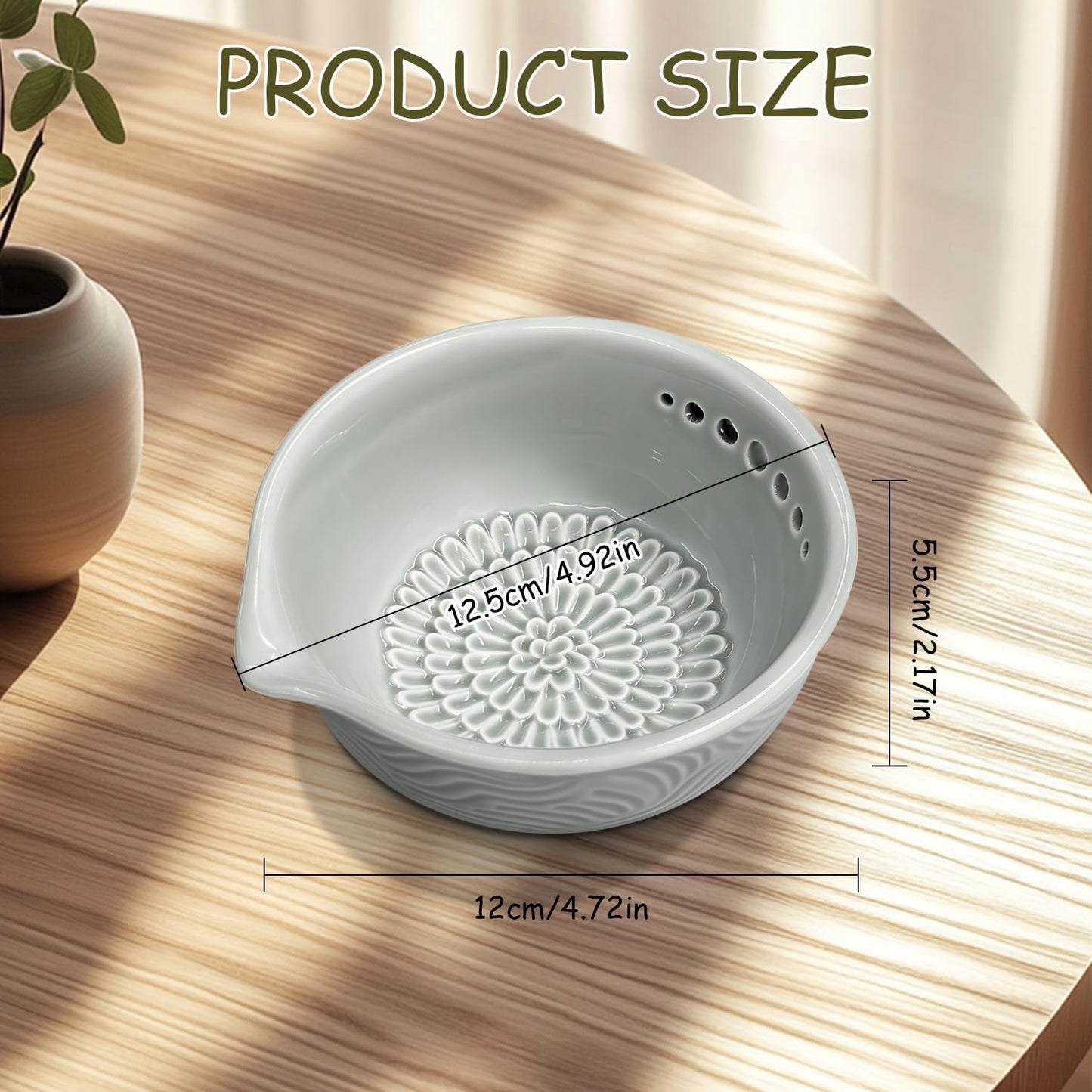 Grater Plate, 3 in 1 Ceramic Ginger Grater Bowl with Herb Stripper – Handmade Multi-Functional Kitchen Tool for Garlic, Ginger, Chocolate, Herbs, and Spices (Grey)
