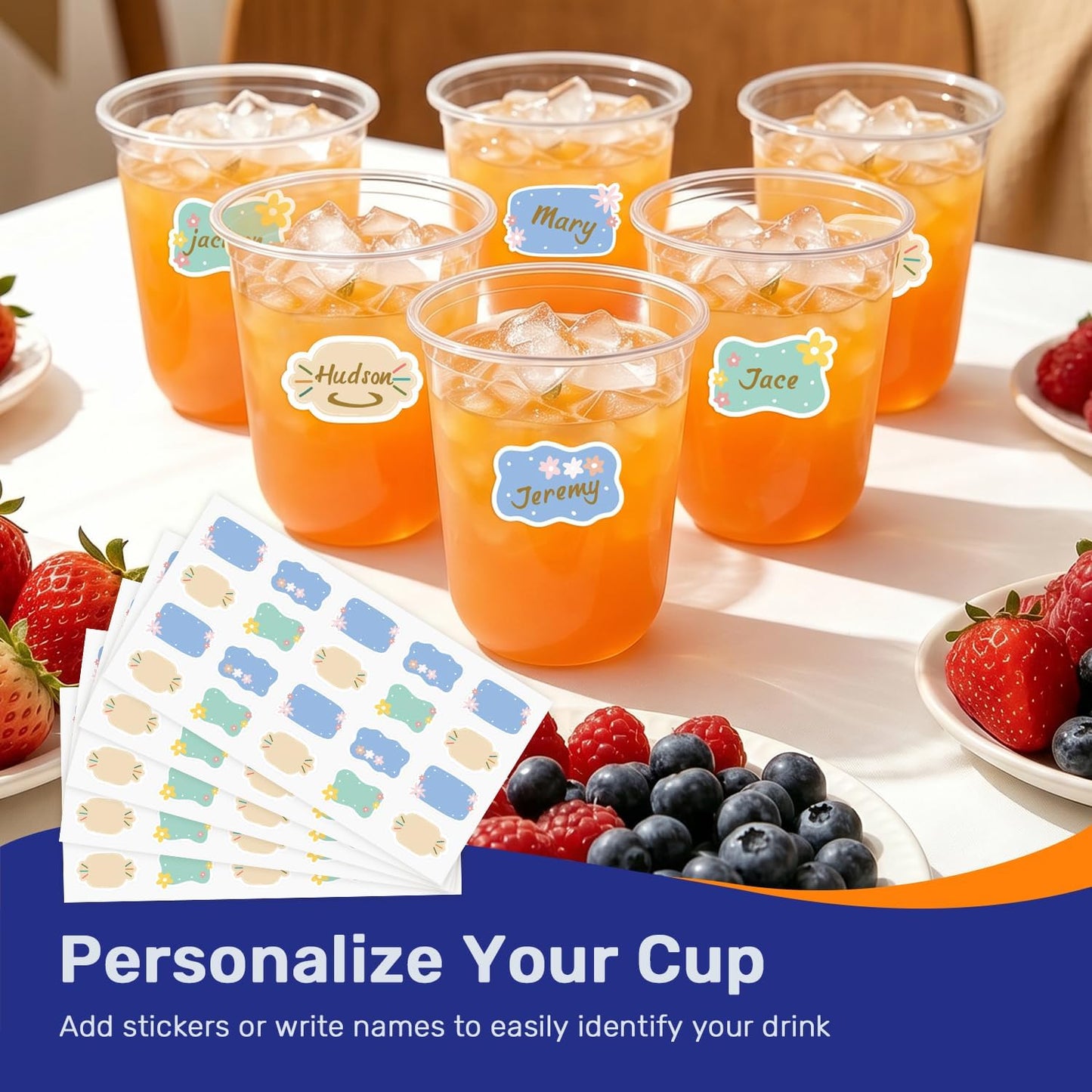 50 Pack 16oz Round Bottom Plastic Cups with Stickers, Clear Disposable Cocktail Cups for Party, Disposable Wine Glasses for Wedding, Birthday, Gathering, Drinks, Cold Beverage