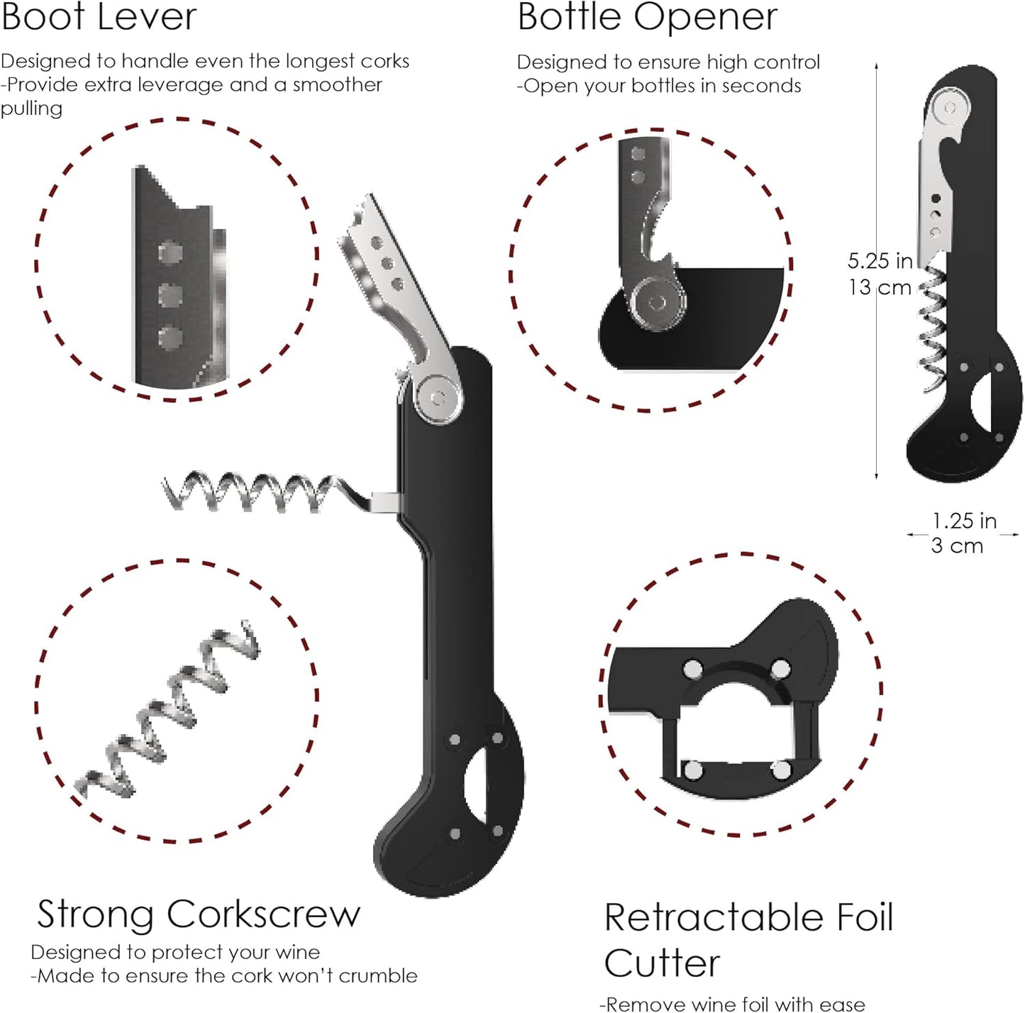 Houseables Wine Opener, Wine Key for Servers, Waiters Corkscrew, Travel Bottle Opener, Cork Screw, with Foil Cutter, Bartenders Tool, Professional, Restaurant, TSA Approved, Portable, Black, 5 1/4"