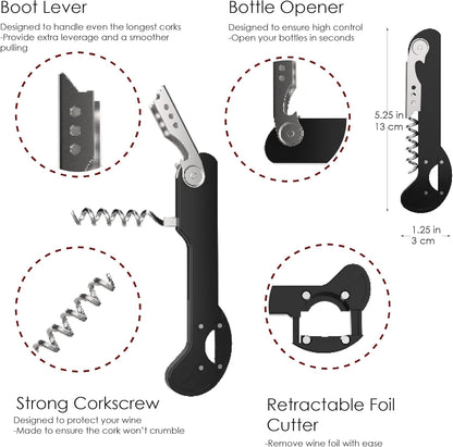 Houseables Wine Opener, Wine Key for Servers, Waiters Corkscrew, Travel Bottle Opener, Cork Screw, with Foil Cutter, Bartenders Tool, Professional, Restaurant, TSA Approved, Portable, Black, 5 1/4"