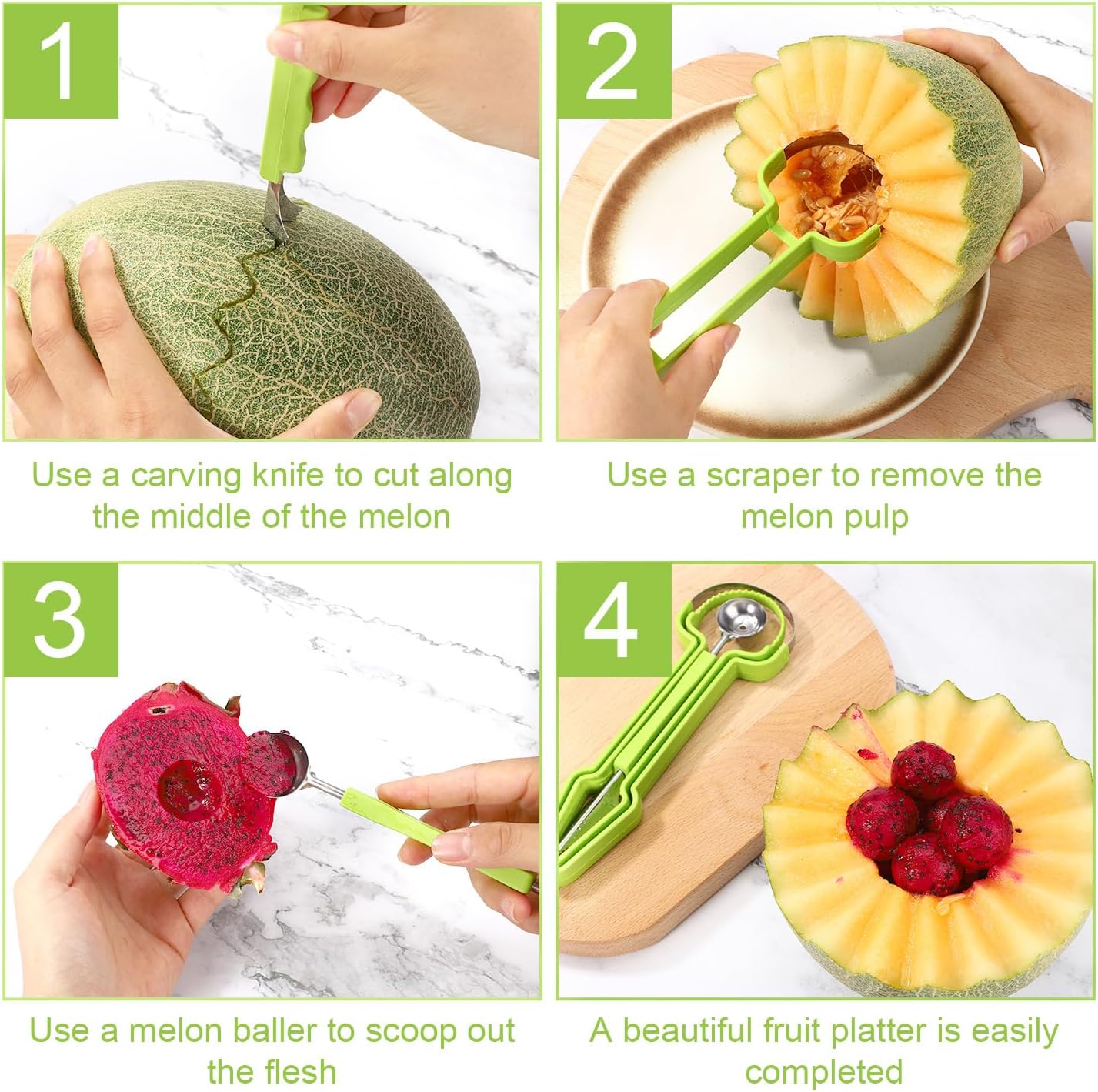 Melon Baller Scoop Set, Stainless Steel 3-in-1 Durable Melon Baller Scooper Tool Practical Kitchen Gadget Kit for Watermelon Cantaloupe Dragon Fruit Cutter