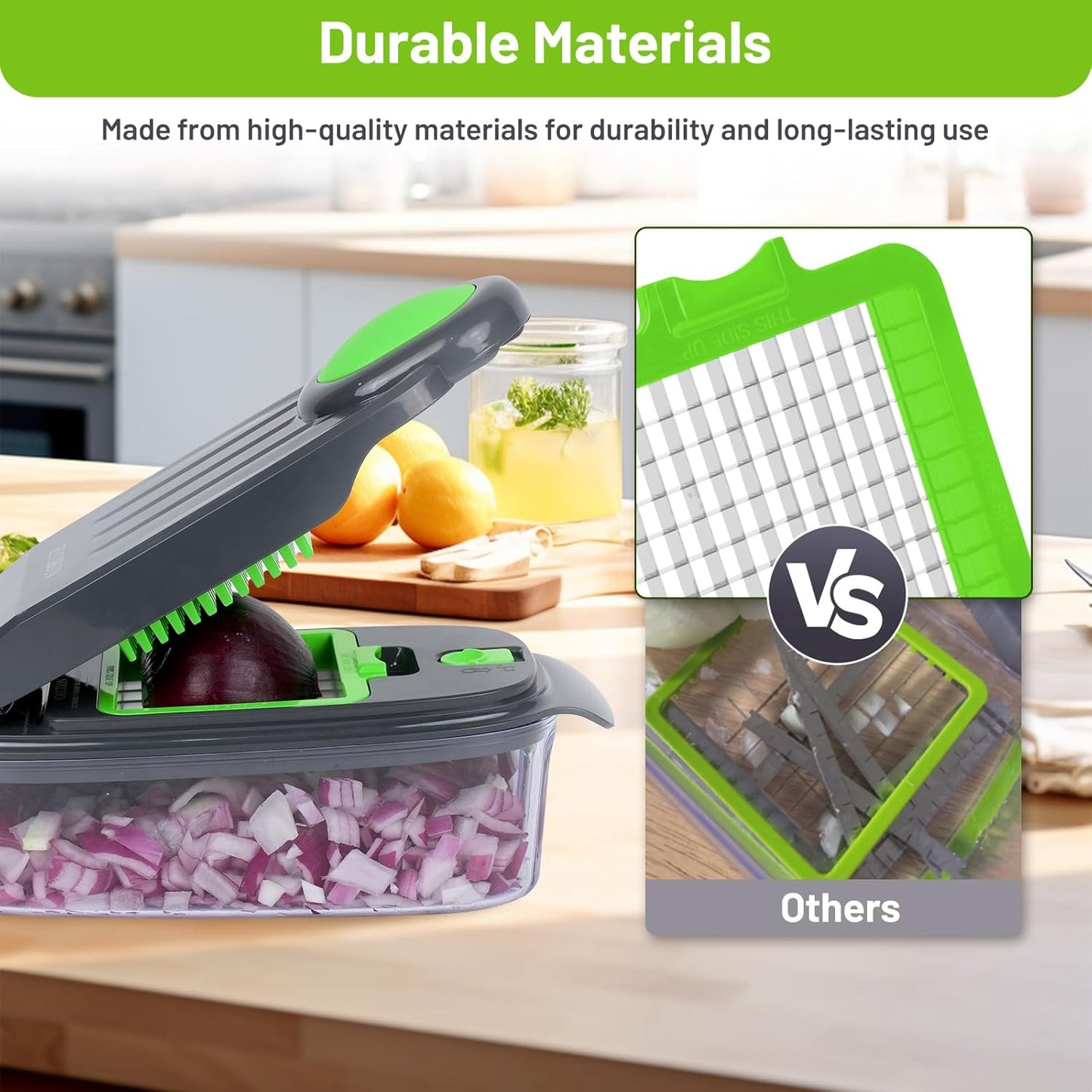 2-in-1 Vegetable Dicer, Onion Chopper with 6.7mm and 13.5mm Dicing Blades, 1.5L Food Prep Container for Salad, Potato, Tomato, Home Kitchen Meal Prep (White & Black)