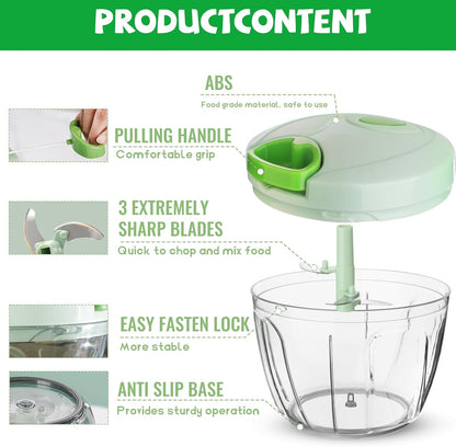 Manual Food Chopper: Hand Pull String Vegetable Chopper for Onion, Garlic, Pepper, Nuts, Tomato, etc.,500ml.
