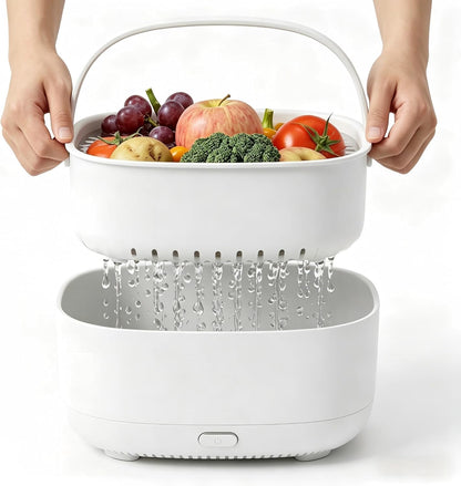 Ultrasonic Fruit Washer and Produce Cleaner Device - Countertop Fruit and Vegetable Washing Machine for Berry & Salad - Cordless Veggie Cleaner with 2-Tier Drain Basket Strainer