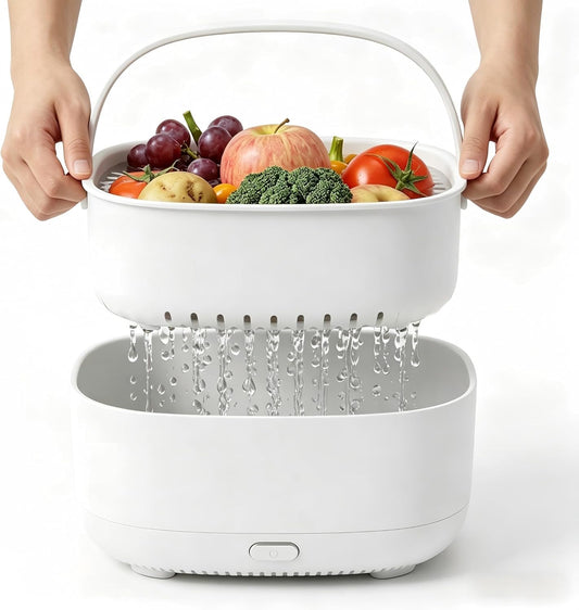 Ultrasonic Fruit Washer and Produce Cleaner Device - Countertop Fruit and Vegetable Washing Machine for Berry & Salad - Cordless Veggie Cleaner with 2-Tier Drain Basket Strainer