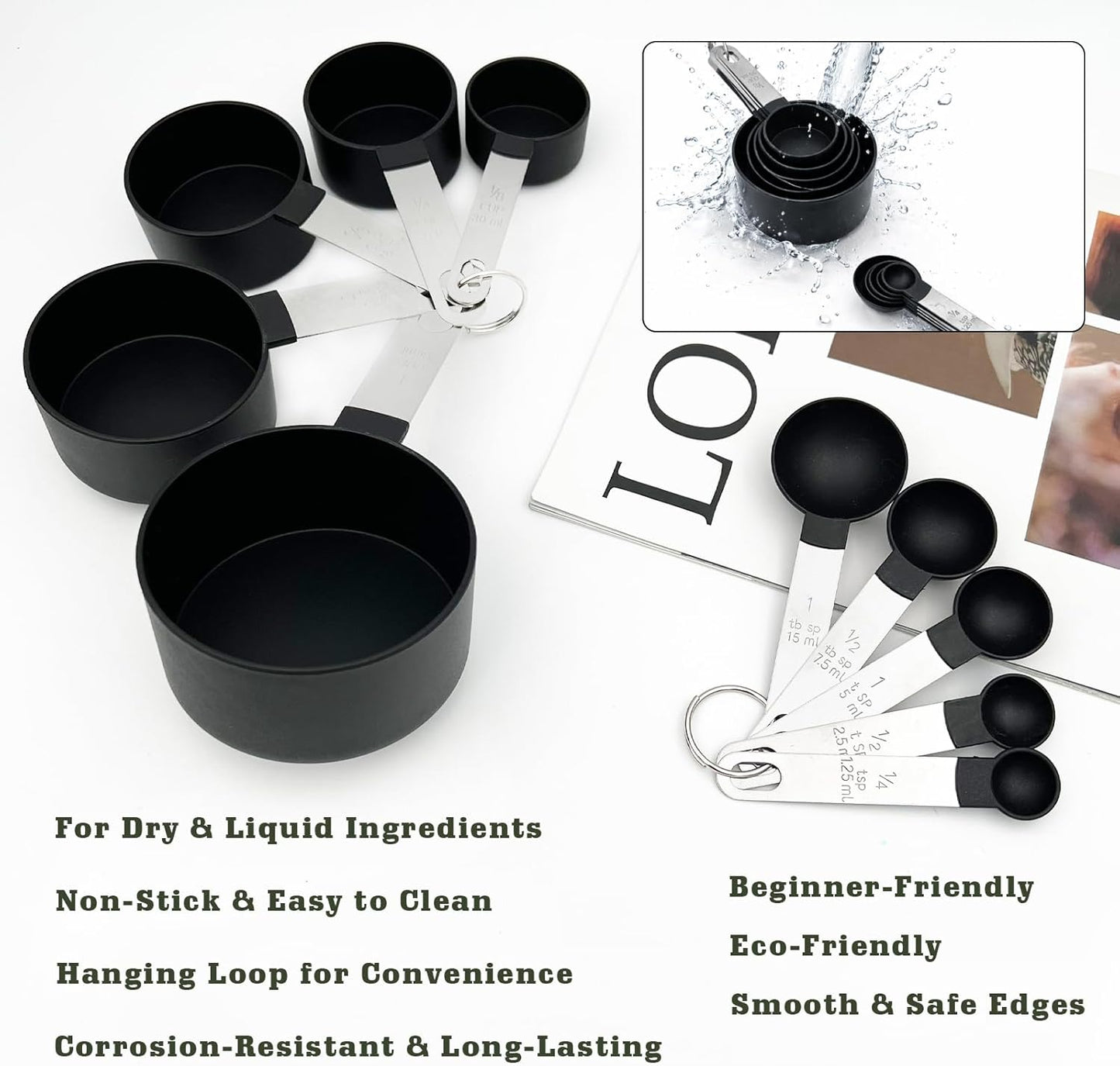 Black Measuring Cups & Spoons Set, Stackable Nesting Measuring Cups with Stainless Steel Handles, 10-Piece Kitchen Baking Tools ﻿